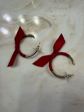 Gold Hoop Earrings with Red Ribbon Accent - Women's Jewelry